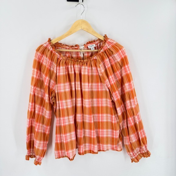 J.Crew Tops - J. Crew Factory Plaid Ruffle Neck Blouse Orange XXL Coastal Cottagecore Boho